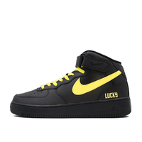 Custom Air Force 1 Mid Black Yellow Swoosh Font Lucky