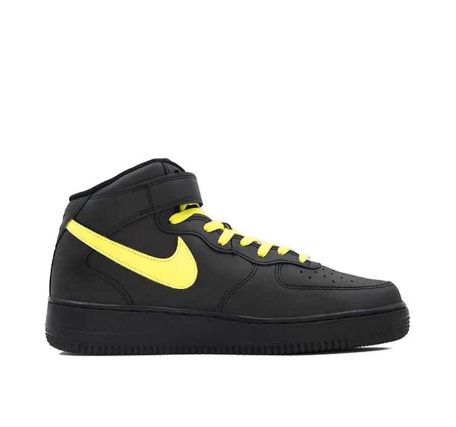 Custom Air Force 1 Mid Black Yellow Swoosh Font Lucky