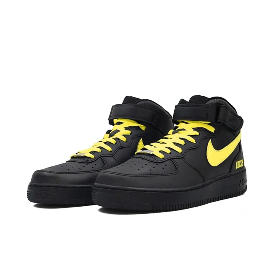 Custom Air Force 1 Mid Black Yellow Swoosh Font Lucky