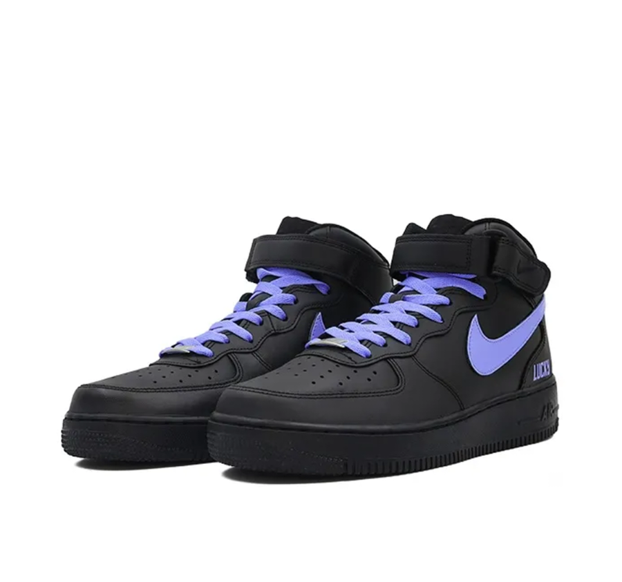 Custom Air Force 1 Mid Black Purple Swoosh Font Lucky