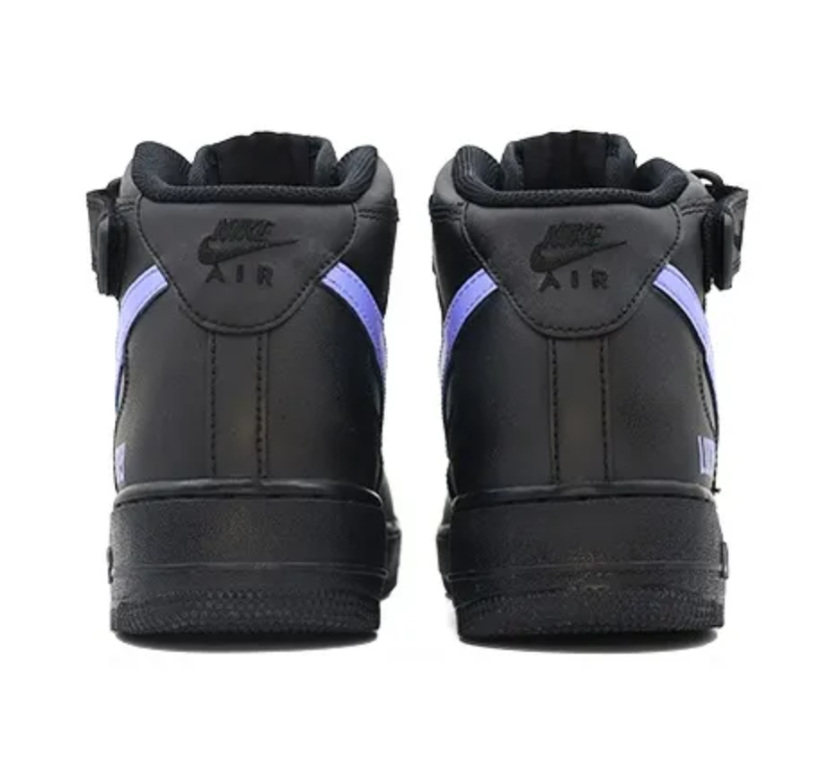 Custom Air Force 1 Mid Black Purple Swoosh Font Lucky