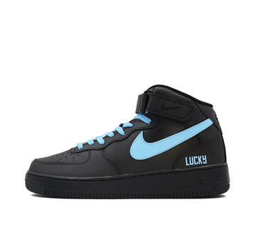 Custom Air Force 1 Mid Black Blue Swoosh Font Lucky