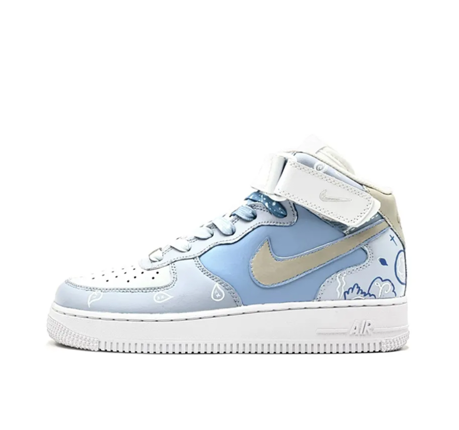 Custom Air Force 1 Mid Black Blue Floral Pattern