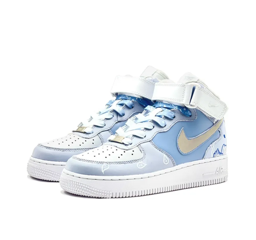 Custom Air Force 1 Mid Black Blue Floral Pattern