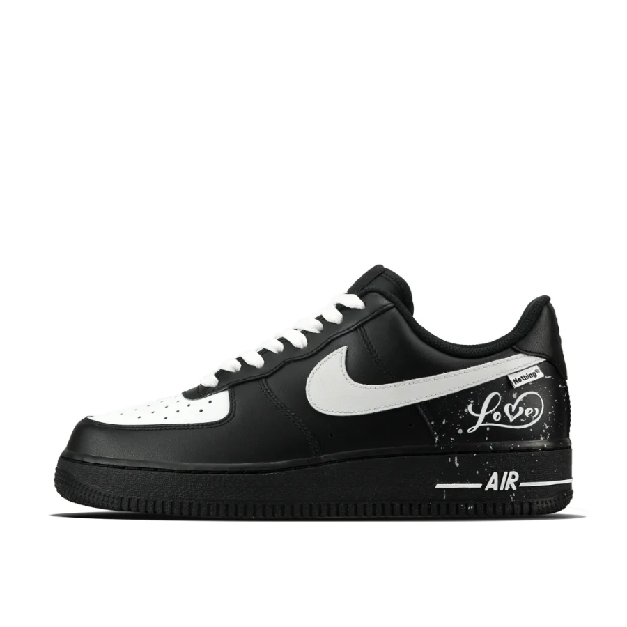 Custom Air Force 1 Low Black White Swoosh Love Font