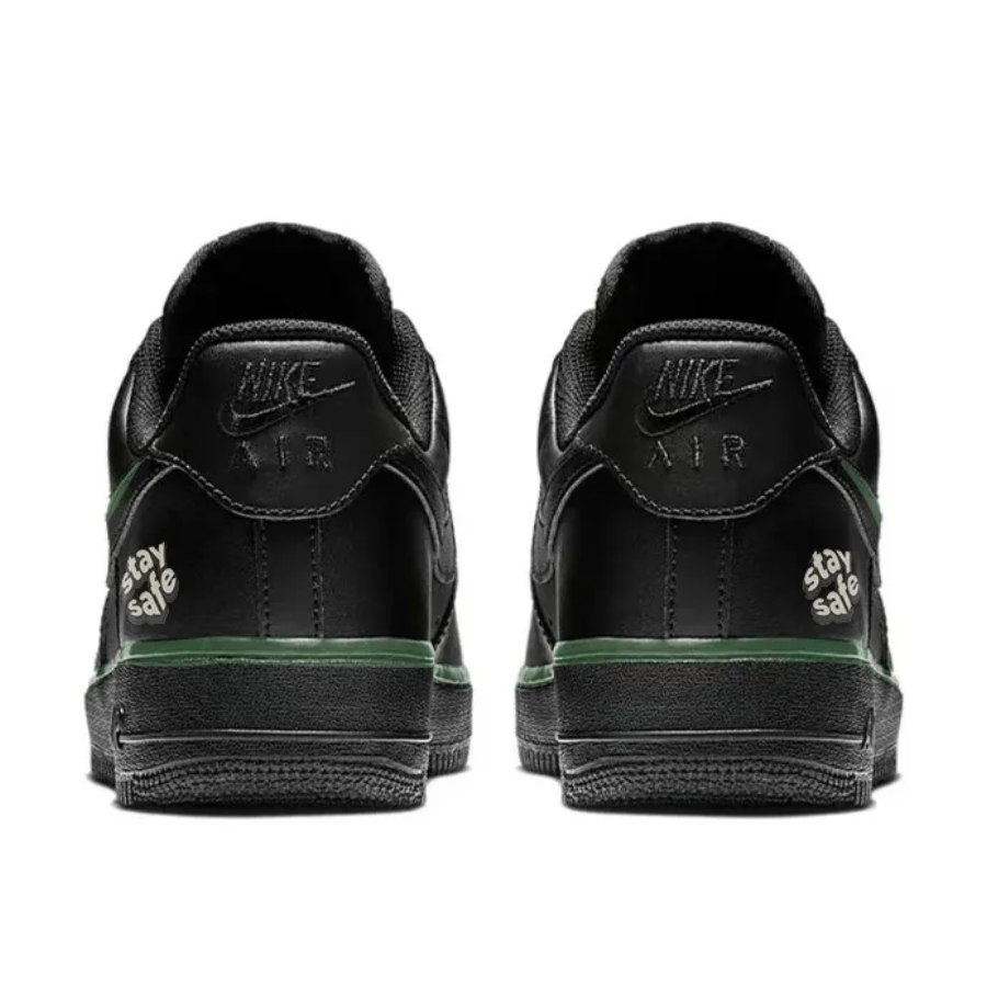 Custom Air Force 1 Low Black Green Swoosh Font Stay Safe