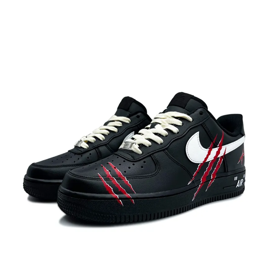 Custom Air Force 1 Low Black Swoosh Black Red Claw Mark