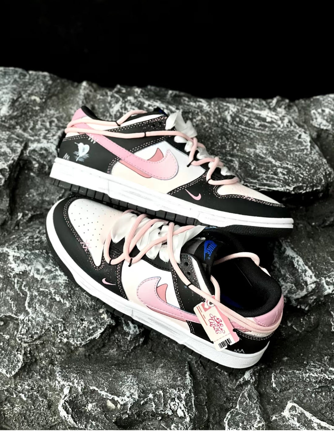 Custom Dunk Extra Lace Dark Pink Swoosh Shadow Black White