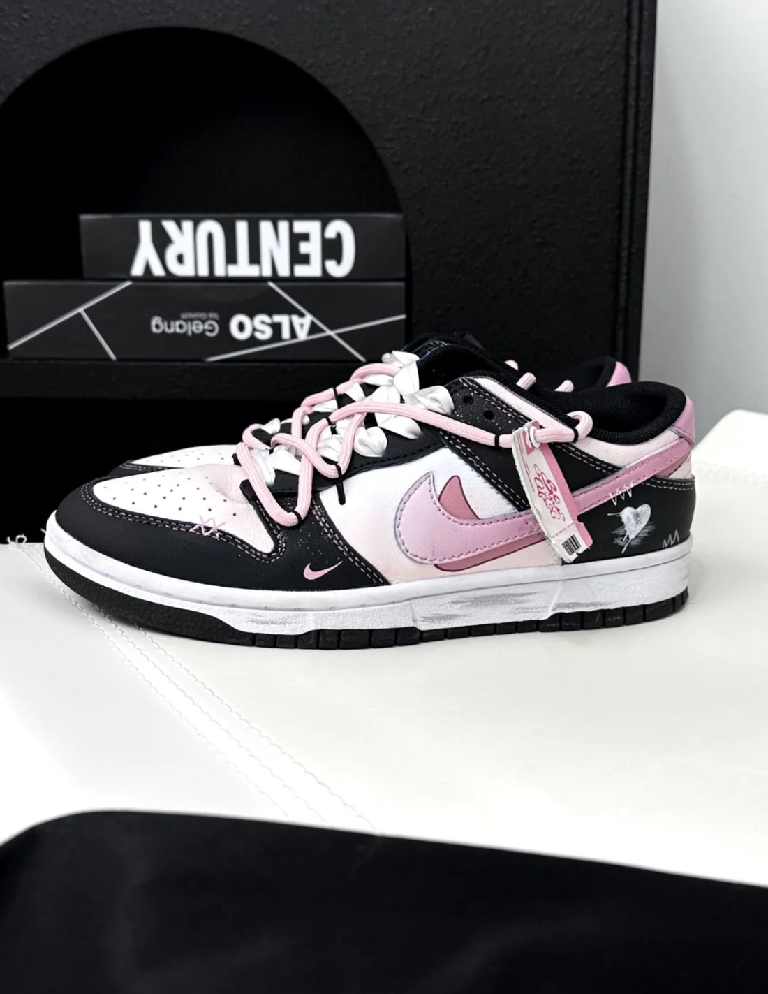 Custom Dunk Extra Lace Dark Pink Swoosh Shadow Black White