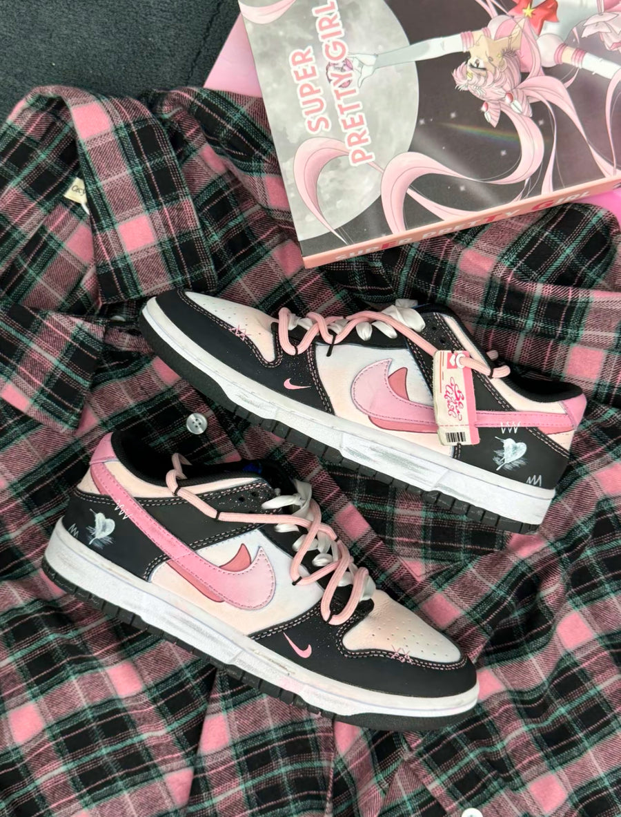 Custom Dunk Extra Lace Dark Pink Swoosh Shadow Black White