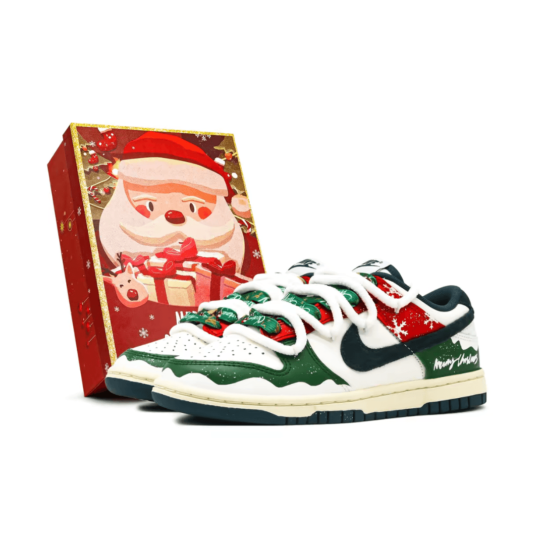 Custom Dunk Christmas Green Red White Snowflake Print