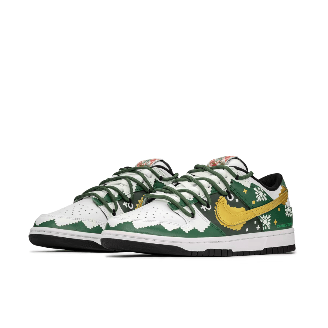 Custom Dunk Christmas Green White Snowflakes Gold Swoosh