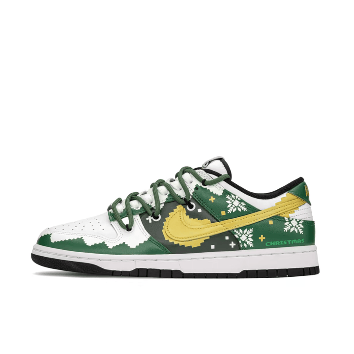 Custom Dunk Christmas Green White Snowflakes Gold Swoosh