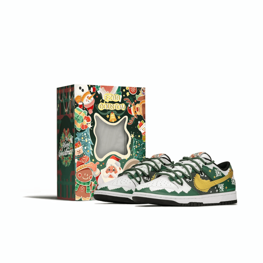 Custom Dunk Christmas Green White Snowflakes Gold Swoosh