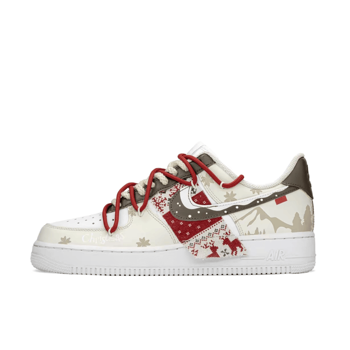 Custom Air Force 1 Christmas Beige Red Elk Print Khaki Swoosh