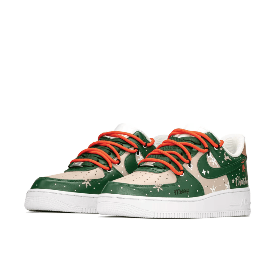 Custom Air Force 1 Christmas Beige Green Elk And Snowflakes Print