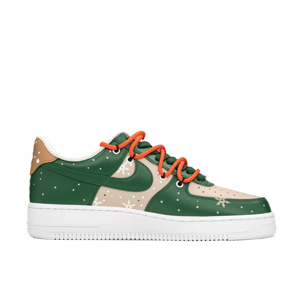 Custom Air Force 1 Christmas Beige Green Elk And Snowflakes Print