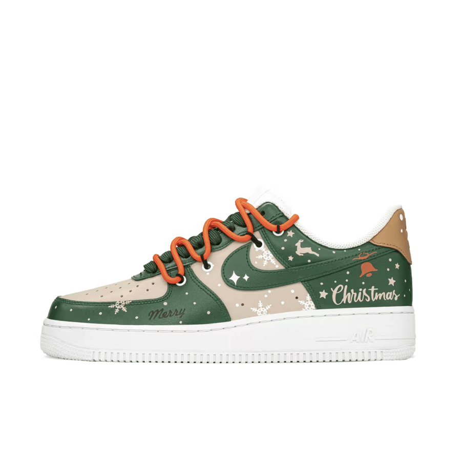 Custom Air Force 1 Christmas Beige Green Elk And Snowflakes Print